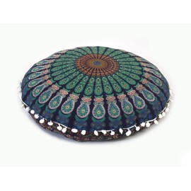 Round Mandala Floor Pillow Cover Seating Cushion Throw Cover Hippie Decorative Bohemian Ottoman Pouf Cover, Pom Pom Pillow Cases,Boho Indian 22 Inches (Red Yellow) (BLUE NEP)