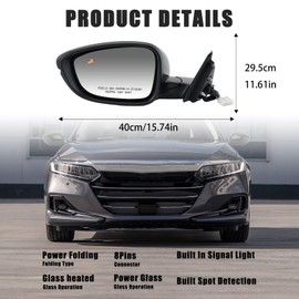 Driver Side Mirror Compatible With Honda Accord 2018-2022 with Turn Signal Light Power Glass Heated with Blind Spot Dectection 8-Pins