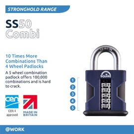 Henry Squire Stronghold 5 Wheel Open Shackle Combi Hardened Steel Padlock with Weather Cover