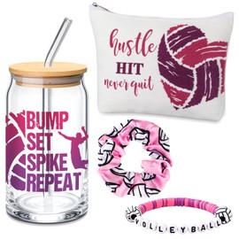 SilTriangle 4 Pcs Volleyball Gifts for Girls Volleyball Stuff 16 oz Water Bottles Makeup Bag Bracelets Charm Elastic Hair Scrunchies for Girls Women Sports Coaching Players First Day of School Gifts