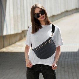 Quilted Puffer Leather Belt Bag for Women Puffer Crossbody Bags Puffy Sling Belt Bag Fanny Pack Bum Waist Chest Shoulder Bag for Women-Black