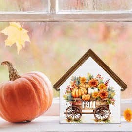CIANMGD Fall Sign Decor, Pumpkin Harvest House Shaped Wood Block Sign, Farmhouse Fall Decor, Autumn Home Decorations for Desk Table Shelf