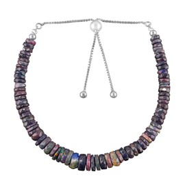 Natural Ethiopian Black Opal Gemstone Beads Bolo Bracelet, Adjustable Slider Chain, Energy Stones, Chakra Healing Crystals, Silver Plated, Gift for Women, Birthstone, Gemstones Jewelry,10 inch