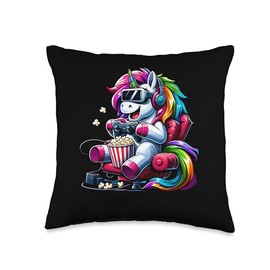Gamer Unicorn Popcorn Gaming Chair Headphones Games Player Throw Pillow