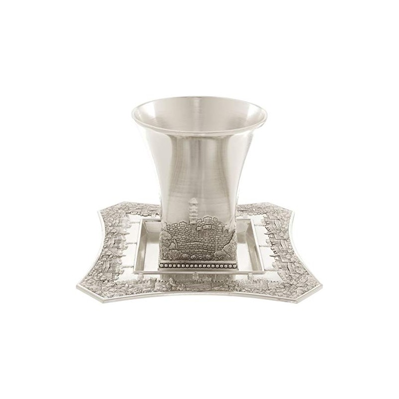 Square Silver Plated Jerusalem Kiddush Wine Cup and Tray