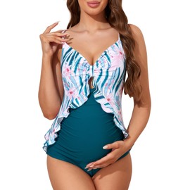 Summer Mae - Traje de baño de maternidad de una pieza con abertura de volantes para embarazo, Cactus, M
