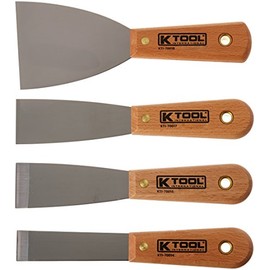 K Tool International 70004 Scraper Putty Knife Set for Garages, Repair Shops and DIY, High Carbon, Heat-Treated, Polished Blades with Full Tang, Solvent-Resistant, Riveted Wood Handles, 4 Piece