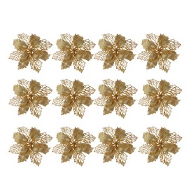 Toyvian 12pcs Glitter Poinsettia Artificial Christmas Poinsettia Flower Christmas Tree Decorations Ornaments (Golden)