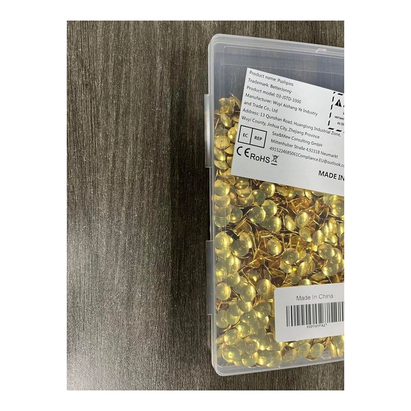 Pack of 1000 BetterJonny 9.5 mm Gold Push Pins Iron