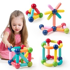 Juguetes Magnéticos, 64 Pcs Juguetes de Bloques de Construcción Magnéticos,Varillas Ladrillos Magnéticas Bloques Magnéticos Juguetes Construccion 3D, Juego de Apilamiento, Regalo para Niño Niña