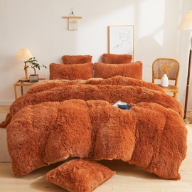 XeGe Fluffy Faux Fur Duvet Cover Set, Luxury Ultra Soft Plush Shaggy Terracotta Bedding Set 2 Pieces Velvet(1 Fuzzy Comforter Cover + 1 Furry Pillow Case), Zipper Closure (Twin, Burnt Orange)