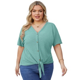 OLRIK Womens Plus Size Tops Short Sleeve V Neck Waffle Knit Tunic Blouse Tie Front Button Up T Shirts Blue Green-3X