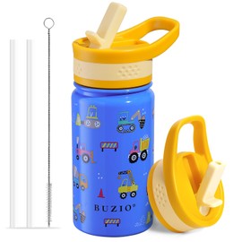 BUZIO 14 oz Kids Water Bottle with Straw Lid, Vacuum Insulated Stainless Steel Metal Thermo Bottles for Toddlers Girls Boys Leak Proof BPA-Free & Lead-Free Flask for School, Blue Construction Car