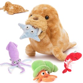 MorisMos 5Pcs Walrus Stuffed Animal Set,18'' Big Walrus Plush Toy with Crab,Lobster,Squid,Starfish Plushies,Bulk Marine Animal Gifts for Kid Girl Boy Ocean Lover Sea Animal for Birthday Christmas