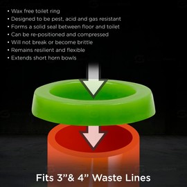 Elastic Waxless Toilet Ring for Toilet Bowl Waste Lines, Universal Fit for 3 and 4 Inch Waste Lines- Gas, Odor, and Watertight Seal