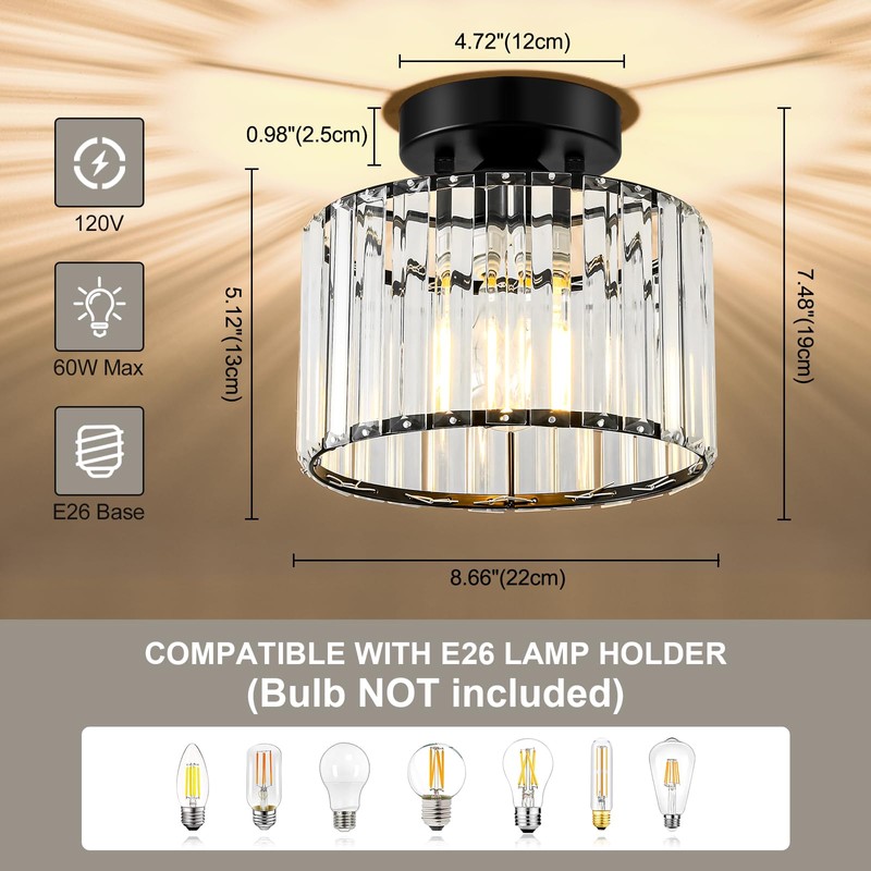 VIOLOEMI Crystal Black Semi Flush Mount Ceiling Light Modern Hallway