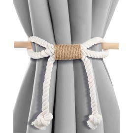 SATINIOR 2 Pack Boho Curtain Tiebacks Bow Rustic Holdbacks for Drapes Natural Cotton Rope Farmhouse Curtain Tie Back Holder with Wood Stick Decorative Boho Decor for Home Office Window Drapery Beige