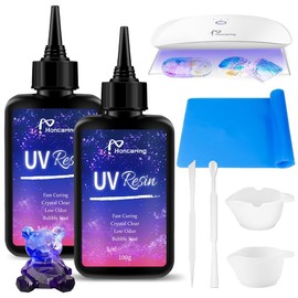 Honcaring UV Resin Kit 200g with UV Light, Hard Type UV Resin Kit, Upgraded Formula & Crystal Clear UV Resin for Jewlery Making, 100g*2 Resin UV Kit with Light for Earring, Pendant, DIY