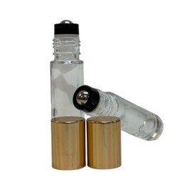 Aroma Vials LLC 144 Pcs, 10ml CLEAR Glass Rollon Bottle ALUMINUM GOLD Cap with Steel Roller