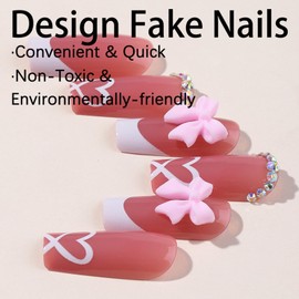 Press on Nails Long Square 3D Bow French White Heart Pattern Full Cover False Nails for Girls