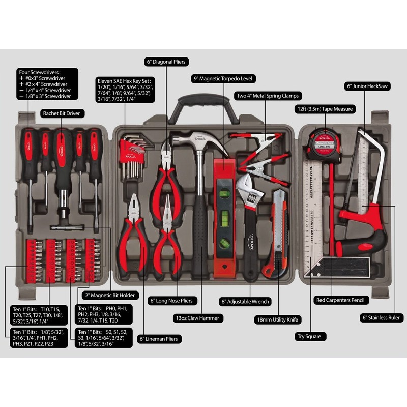 Apollo Tools 71 Piece Complete Household Tool Set with Clamp,