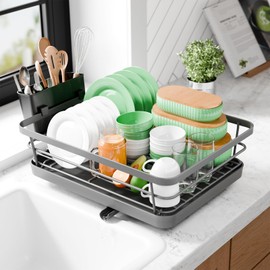 Kitsure Dish Drying Rack - Compact Dish Rack with Utensil Holder & Adjustable Water Outlet, Rust-Proof & Scratch-Resistant Drying Rack for Kitchen, 14.5" x 12.0" x 4.0", Grey