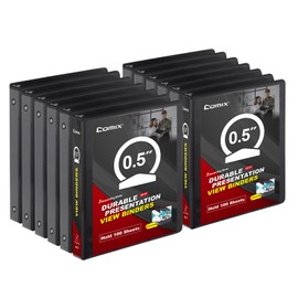 COMIX Sturdy 3 Ring Binder 0.5 inch with Clear View Cover, 1/2" Round Ring View Binder, PVC-Free, 100 Sheets Capacity of US Letter Size Paper, Office ＆ School Supplies, 12 Pack (Black)