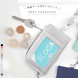 QUARE Women's Pass Case, Card Case, Commuter Holder, Key Case, with Reel, Thin, Large Capacity, Multi Case, Coin Purse, Suica, gray