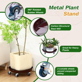 3 Packs 18” Metal Plant Caddy with Wheels Extra-large Rolling Plant Stand Heavy-duty Iron Plant Dolly Casters for Indoor Outdoor Flower Pot Mover Roller Coasters, Dark coffee