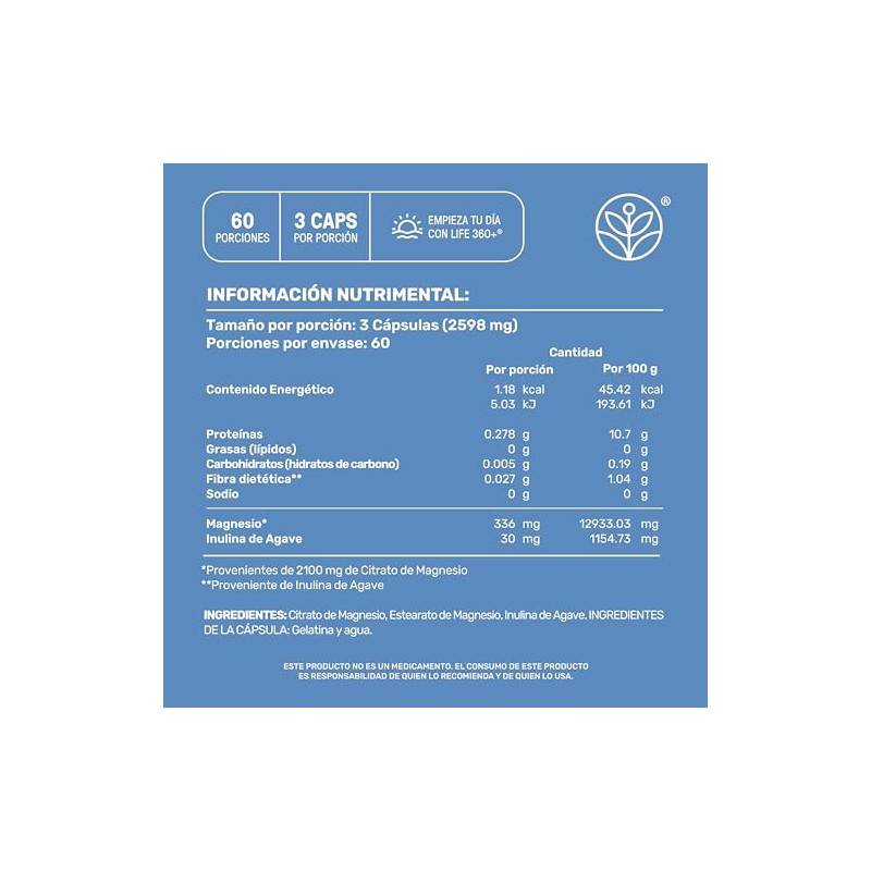 Life 360 Citrato Magnesio Alta Pureza 180 Cápsulas 2598 Miligramos