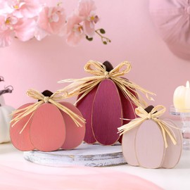 Ferraycle 3 Pcs Fall Pumpkin Decor Fall Wooden Signs 3D Pumpkin Tabletop Decor Farmhouse Sign Rustic Tiered Tray Decorations Block Centerpieces Standing Sign for Home Kitchen Harvest(Pink Color)