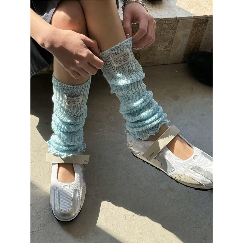 [Eukkis] 春夏薄手40cmコットンレッグウォーマー 足首保温 冷房対策 フリルハイソックス Y2Kリブニットルーズソックス 柔らか肌触り スカイブルー