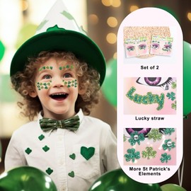 St. Patrick's Day Face Stickers Eye Body Face Gems Temporary Tattoo Sticker -Face Body Tattoos Party Makeup Self Adhesive 2 Pack Green Shamrock and Four Leaf Clover Decal