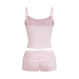 Hilinker Womens Lace Trim 2 Piece Pajama Set Ruched Cami and Shorts Summer Cute Pjs Pink Large