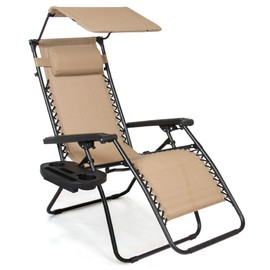 Best Choice Products Folding Zero Gravity Outdoor Recliner Patio Lounge Chair w/Adjustable Canopy Shade, Headrest, Side Accessory Tray, Textilene Mesh - Beige
