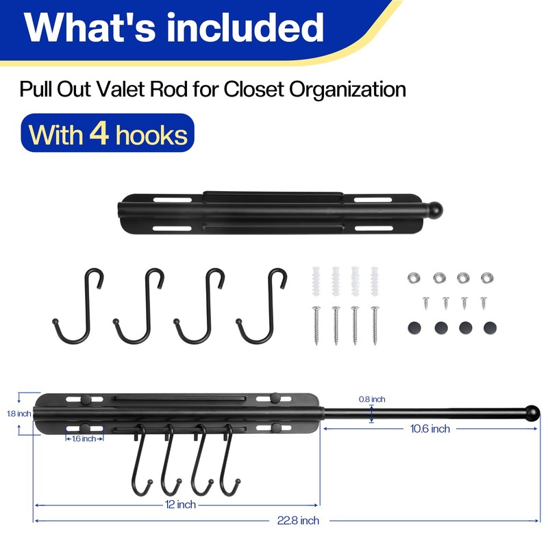 SUTINE Valet Rod for Closets Pull Out 12 Inch, Adjustable