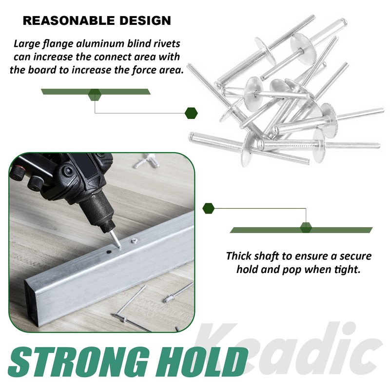 Keadic 200Pcs 4 Sizes 1/8" Aluminum Large Flange Blind Rivets