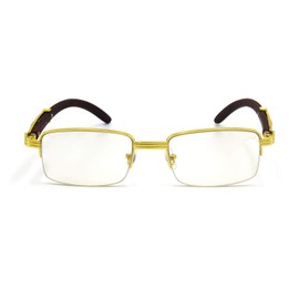 TZ Promise For Men's Gold Color Wood Effect Metal Frames UV 400 Retro Eye Clear Lens Glasses (Gold Semi-Rimless#2)