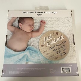 Reece Studio Just Arrived Baby Wooden Photo Prop Sign Nursery Baby Shower Milestones Round
