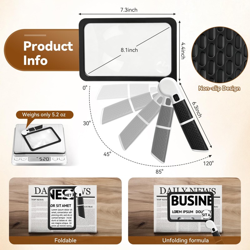Magnifying Glass for Reading: 5X10X Rechargeable Large Light Book Magnifier