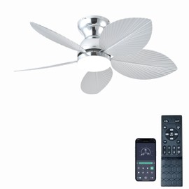 GJeg Tropical Ceiling Fans with Light, 38-inch Flush Mount Palm Leaf Ceiling Fans for Bedrooms, Indoors and Outdoors, Remote Control/APP Control, 6-Speed, Dimmable, Reversible,Chrome