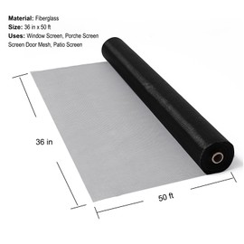 36 in x 50 ft Fiberglass Window Screen Mesh, Window Screen Replacement, Screen Door Mesh, Screen Mesh Roll, Porch Screens for Patios Outside Outdoor, Heavy Duty Window Screens for House Windows