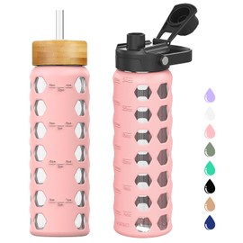 MUKOKO Glass Water Bottles, 24oz Glass Tumbler with Straw, Drinking Bottles with 2 Lids-Handle Spout Lid&Bamboo Straw Lid, Motivational Water Bottle with Time Marker and Silicone Sleeve, 1 Pack-Pink