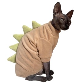 Dinosaur Sphynx Cat Clothes, Soft Polar Fleece Sweater for Cat, Elastic Pet Clothes Thick Winter Warm Outfit for Hairless Cat, Devon, Cornish, Small Dogs Apparel with Sleeves (Khaki, Small)