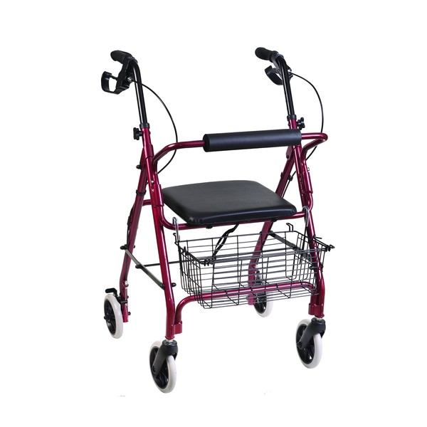 DMI Freedom Lightweight Folding Aluminum Rollator Walker with Adjustable Handle Height, Cushioned Flip Up Seat and Convenient Storage Basket, Burgundy