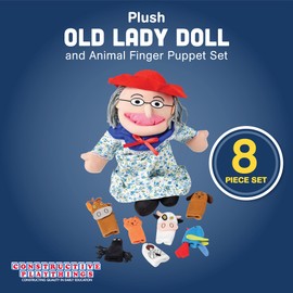 Constructive Playthings Plush "Old Lady" Doll and Animal Finger Puppet Props Set for "There Was An Old Lady Who Live Swallowed a Fly" Children's Book, For Kids Ages 3+
