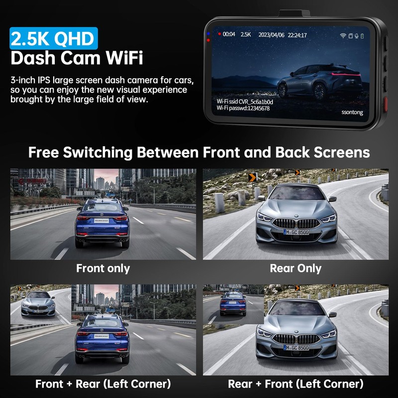 Dash Cam Front and Rear, Dashcam WiFi/APP Control Car Camera