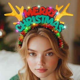 Handcess Light up Christmas Headband LED Reindeer Antlers Hair Band Glitter Glowing Hair Hoop Sparkly Xmas Hair Accessories for Women