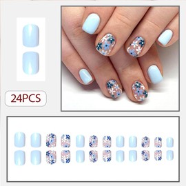 WAFOLOZE Short Square Press on Nails,Press On Nails Short, Acrylic Nails Press on Fake Nails Glossy Blue False Nails with Flowers Press ons Designs Artificial Nails Stick on Nails for Women 24Pcs