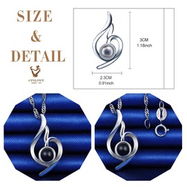 CPSLOVE 925 Silver Necklace Pendant, Black Glass Stone with 100 Languages "I Love You" Projection, Sterling silver and gemstone, Cubic Zirconia